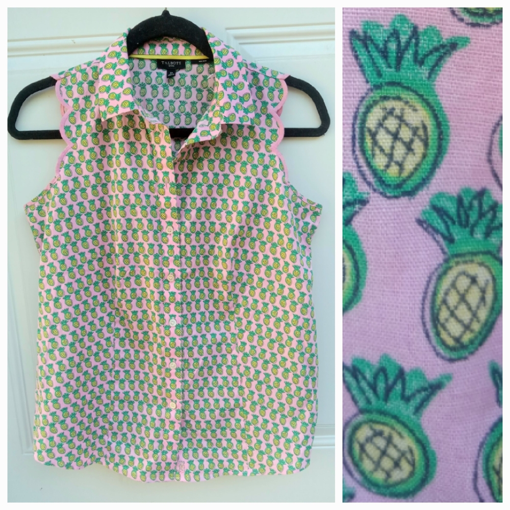 Talbots Pink Pineapple Button-Front Sleeveless Top Size 2 P